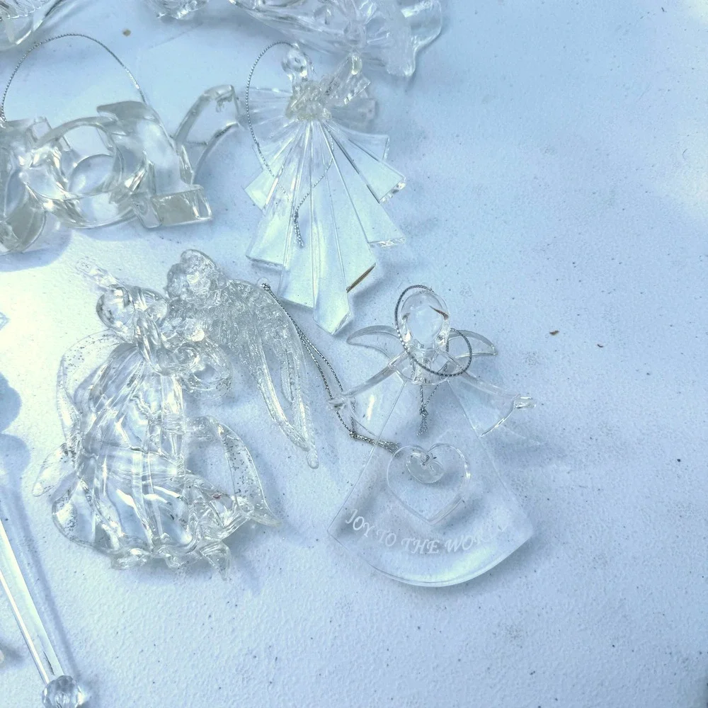 Christmas Ornament Lot 12pc Clear Acrylic Angels Joy Doves Clear